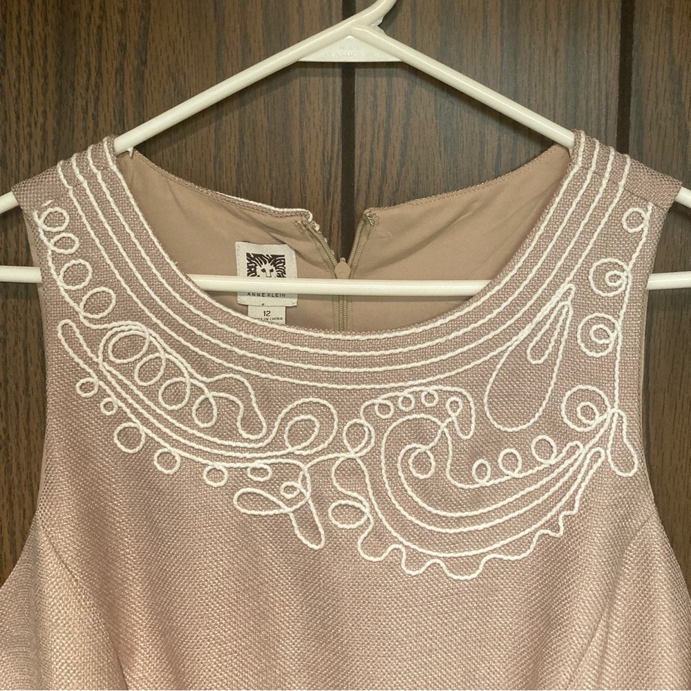 Anne Klein Sleeveless Linen Dress with Cream Embroidery, Size 12